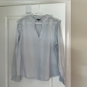 Cal XL J Crew Dotted Swiss Blouse with ruffles along neck shoulders and cuffs